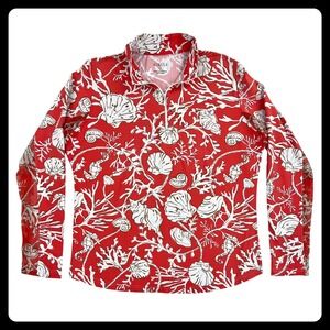 ICIKULS Sun Shirt Women Large Red White Sea Shells 1/4 Zip IceFil UPF 50